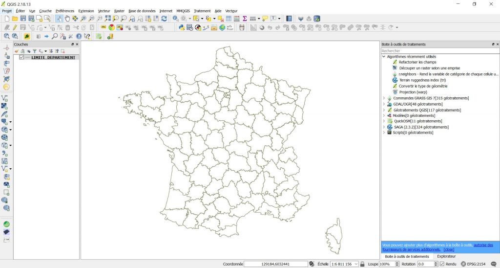 Interface de GQIS avec la couche de limite des départements Français ouvertes